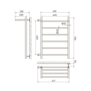 Полотенцесушитель водяной Indigo Line LLSHSW70-40BRL-б/п-60 подключение слева с полкой 70x40 см чёрный муар