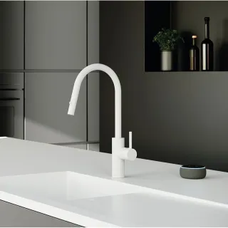 Смеситель для кухни Kludi E-Go Voice 423005377 электронный с выдвижным изливом белый матовый