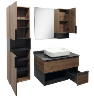 Тумба-умывальник COMFORTY Штутгарт-90 00-00002868, дуб тёмно-коричневый с черной столешницей c раковиной COMFORTY T-Y9378