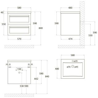 Подвесная тумба под раковину Art&Max Platino 58см чёрный матовый AM-Platino-580-2C-SO-NM