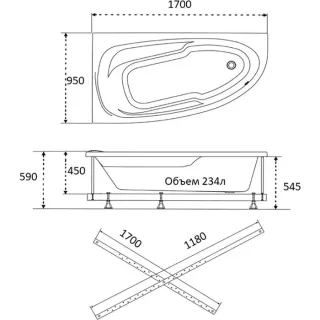 Акриловая ванна 1ACReal Мадрид Щ0000046660 правая 170x95 см на Х-каркасе белый