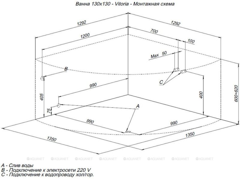 Акриловая ванна Aquanet Vitoria 310252 130 см с каркасом и фронтальной панелью
