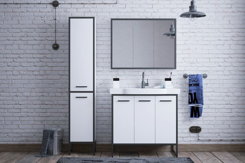 Тумба под раковину Corozo Айрон с корзиной 90см белый/чёрный SD-00000412