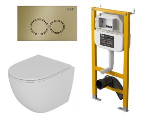 Комплект DQ Унитаз подвесной безободковый DT1396516, Инсталляция DI8050127, Клавиша смыва DB1529007, матовое золото (DS1391624)