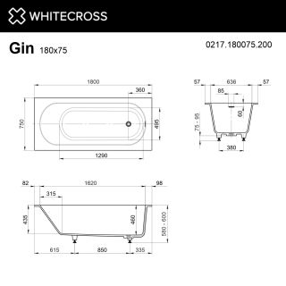 Ванна из искусственного камня WHITECROSS Gin 0217.180075.200 180x75 см белый матовый