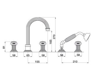 Смеситель на борт ванны с выдвижным душем и переключателем Cezares APHRODITE-BVD-01-O
