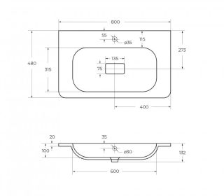 Раковина из искусственного мрамора, 80 см CEZARES CZR-800/480-LV-MR-NV белый