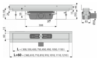Душевой лоток AlcaPlast с порогами для цельной решетки и фиксированным воротником к стене 55см хром APZ16-550