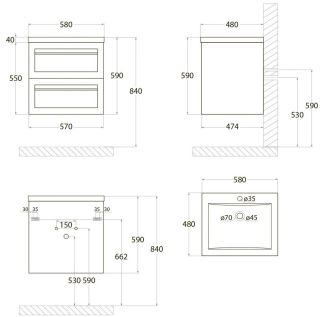 Подвесная тумба под раковину Art&Max Platino 58см белый матовый AM-Platino-580-2C-SO-BM