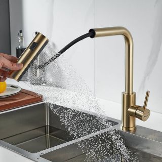 Смеситель для кухни Shevanik S263G с мультифункциональным изливом золотой сатин