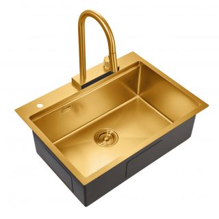 Мойка для кухни Milacio Denia 68 Steel MC.77418 в комплекте со смесителем и коландером брашированное золото