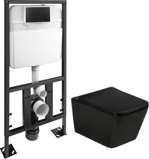 Комплект SantiLine SL-5004MB+SL-04 безободковый чёрный матовый унитаз с сиденьем микролифт и инсталляция с клавишей смыва чёрный матовый квадрат