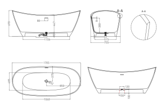 Ванна из искусственного камня Salini Noemi S-Sense 101712GRH 170x75см RAL снаружи