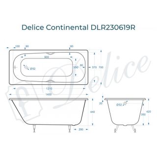 Ванна чугунная Delice Continental  DLR230619R 140х70 с отверстиями под ручки