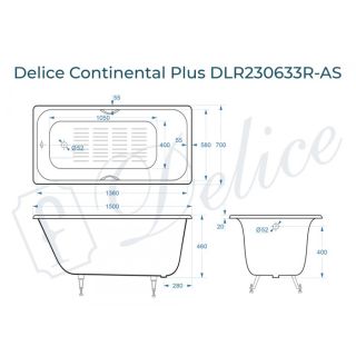 Ванна чугунная Delice Continental PLUS DLR230633R-AS с отверстиями под ручки и антискользящим покрытием 150х70 см