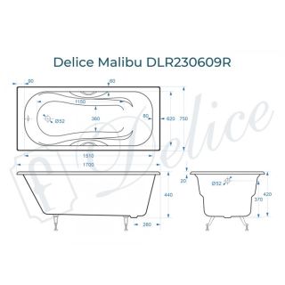 Ванна чугунная Delice Malibu DLR230609R 170x75 с отверстиями под ручки
