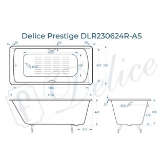 Ванна чугунная Delice Prestige DLR230624R-AS 170х70 с отверстиями под ручки и антискользящим покрытием