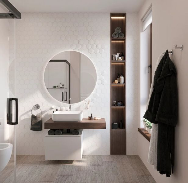 Столешница STWORKI Ольборг 100 дуб карпентер, без отверстий, с тумбой 60, с раковиной STWORKI Soul 1 белой