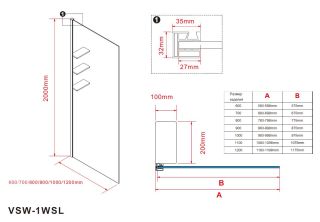 Душевая перегородка Vincea Walk-In VSW-1HWS900MRB, 900*2000, черный матовый, стекло зеркальное