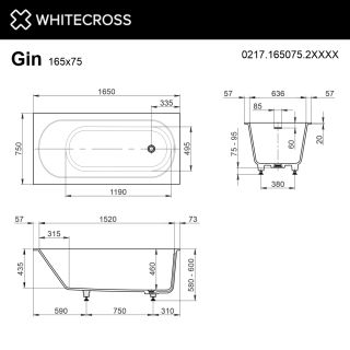 Ванна из искусственного камня WHITECROSS Gin 0217.165075.2XXXX 165x75 см RAL мат