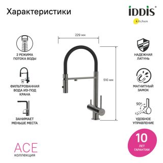 Смеситель для кухни IDDIS Ace ACEGMFFi05 графит